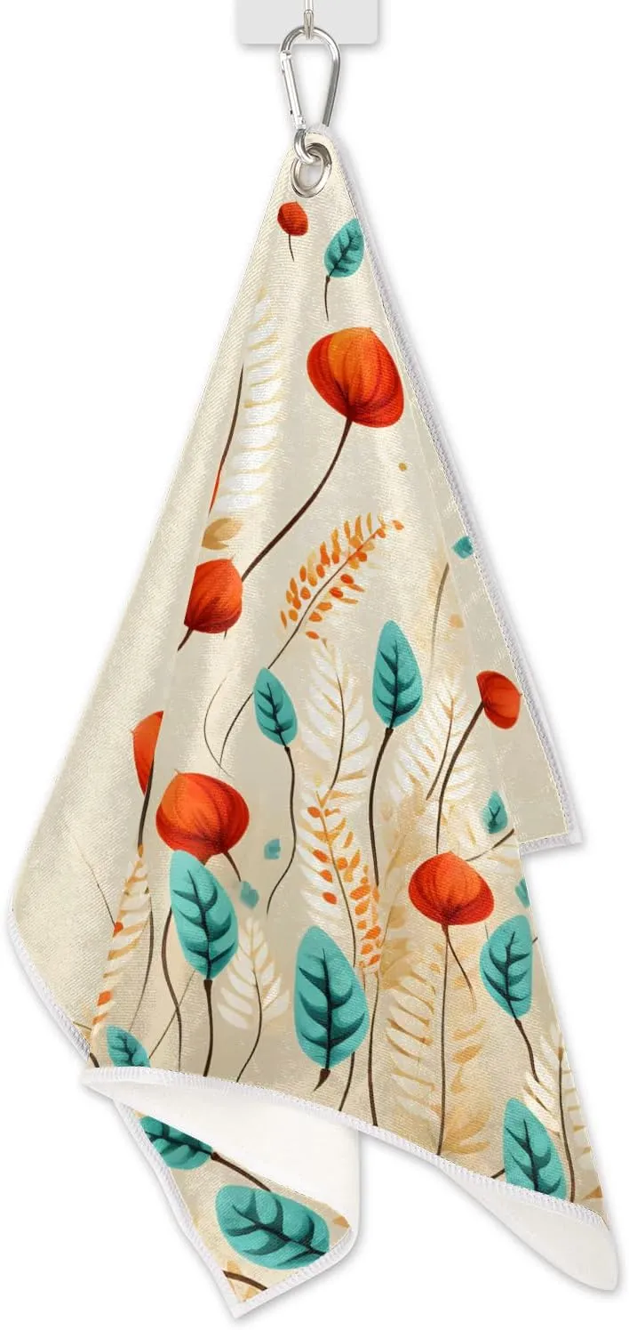 KOBLEN Microfiber Golf Towel with Heavy Duty Carabiner Clip, Autumn Flower Field 24x15 Inch Quick Dry Absorbent Towel for Golf Clubs Balls, Golf Bag Accessories for Men Women,1 Pack