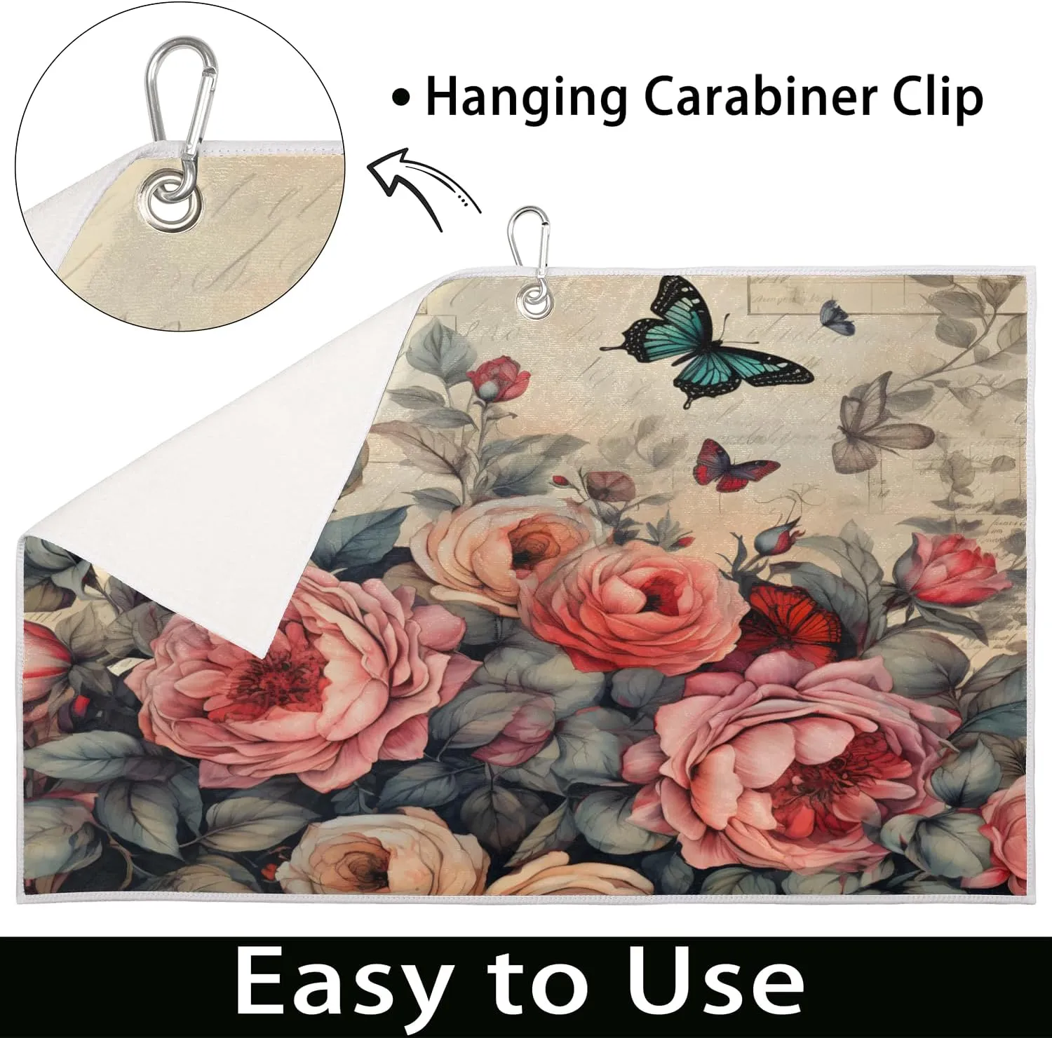KOBLEN Microfiber Golf Towel with Heavy Duty Carabiner Clip, Retro Rose Butterflies 24x15 Inch Quick Dry Absorbent Towel for Golf Clubs Balls, Golf Bag Accessories for Men Women,1 Pack