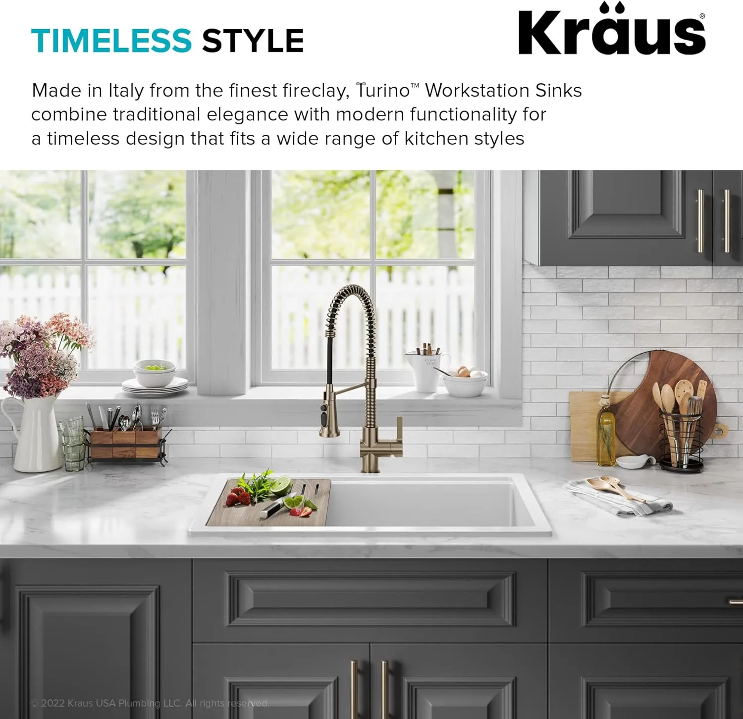 KRAUS Turino 33-inch Fireclay Workstation Drop-In/Undermount Single Bowl Kitchen Sink in Gloss White, KFDW1-33GWH