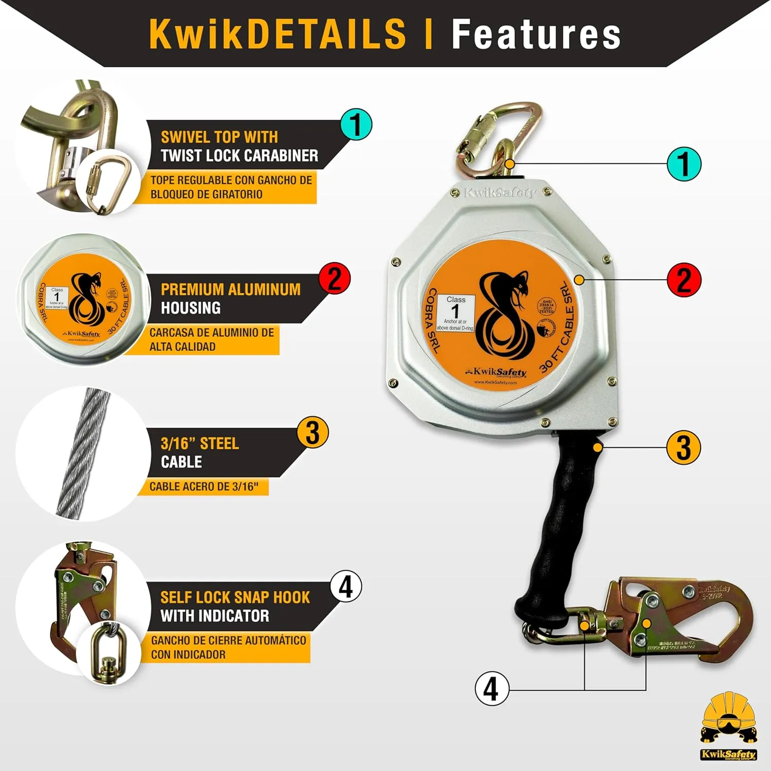 KwikSafety - Charlotte, NC - Cobra 30' Self Retracting Lifeline [NO Tangle Steel Cable] Class 1 SRL ANSI OSHA Retractable Fall Arrest Safety Construction Roofing PPE Gear