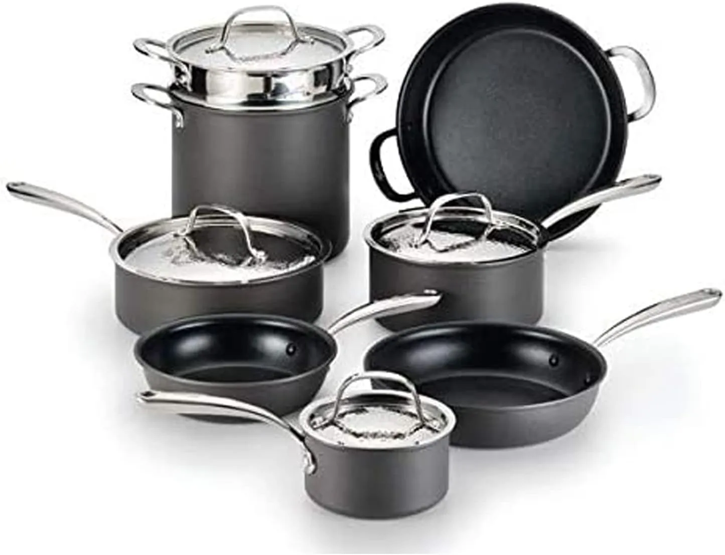 Lagostina Nera Hard Anodized Nonstick 12-Piece Cookware Set with Hammered Stainless Steel Lids, Dishwasher Safe,Grey