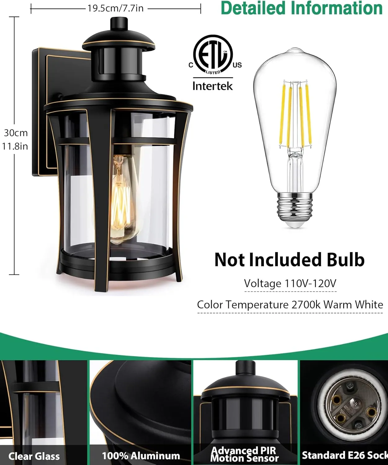 Lamomo Motion Sensor Outdoor Lights, Dusk to Dawn Porch Lights Fixture, Exterior Front Wall Light, Waterproof Anti-Rust Black and Gold Outside Lights for Housem, Garage, Entryway