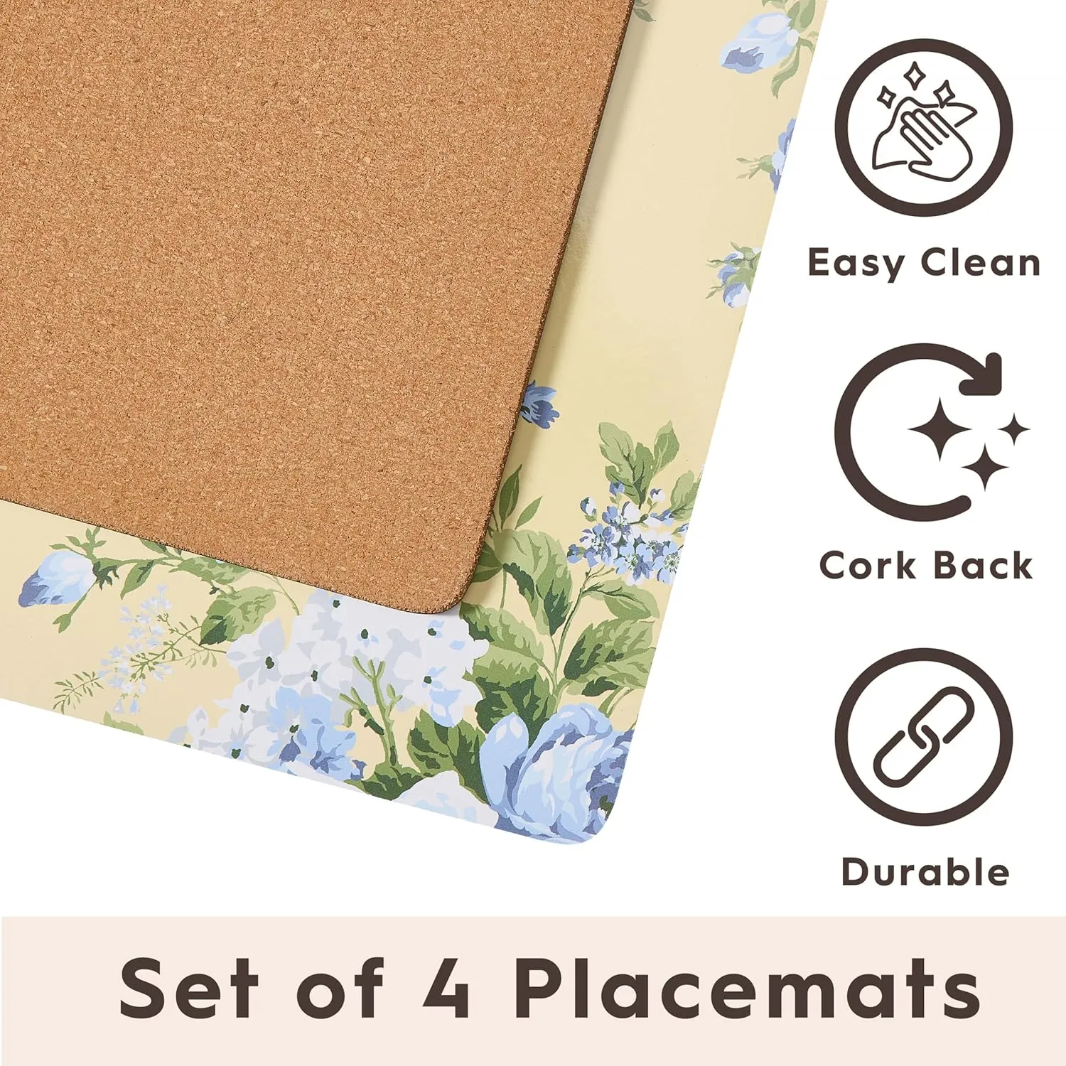 Laura Ashley Cork Placemats 16 x 12-inch for Kitchen and Dining Tables, Heat Resistant, Durable, Easy Clean, Set of 4, Joyce