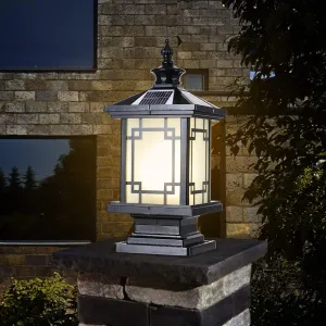 LED Solar Post Light Outdoor, Aluminum Fence Post Cap Lamp Remote Control Dimmable Pillar Lights Solar IP65 Waterproof Column Light, 15.7" X 7.3" Pillar Pedestal Lantern for Garden Yard