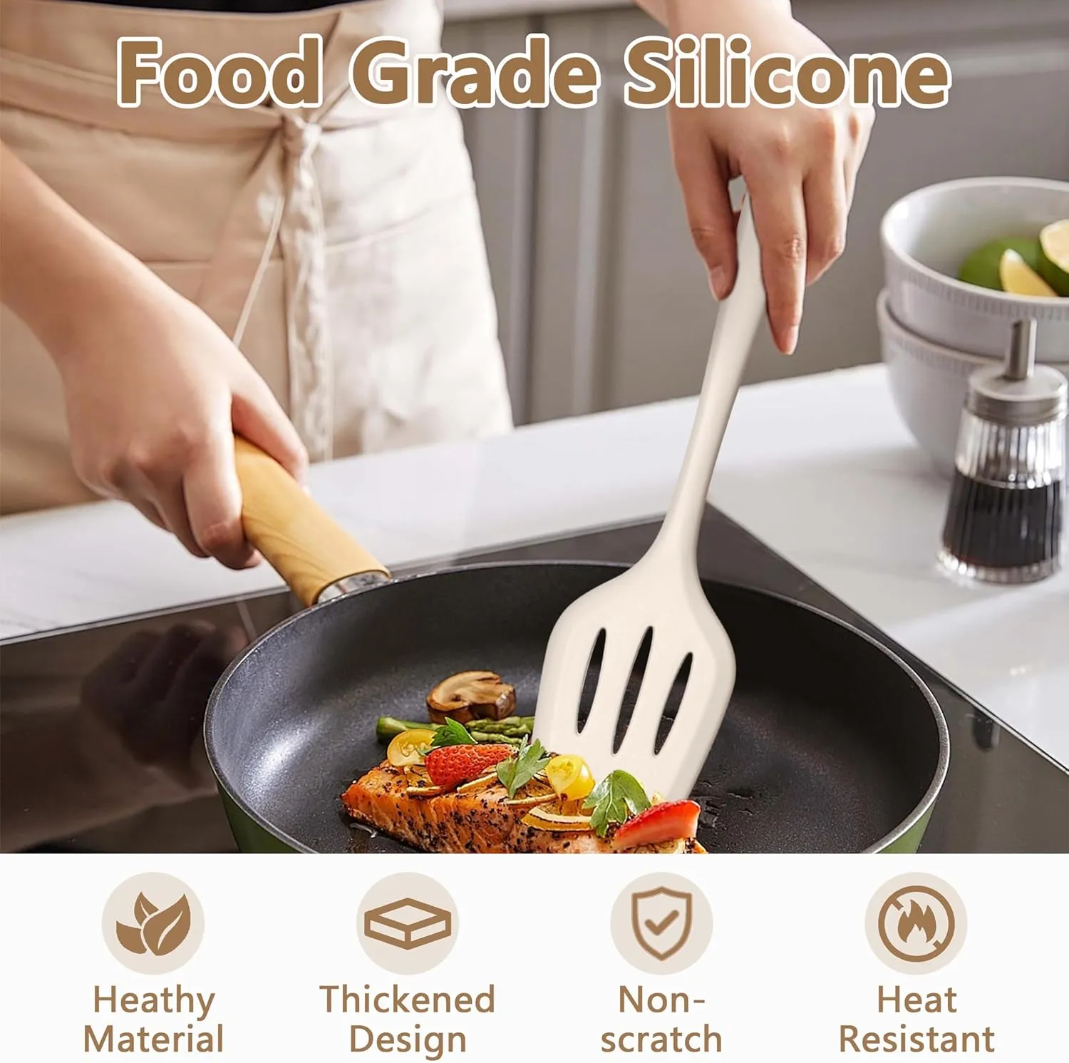 LIANYU 14 Pcs Kitchen Utensils Set with Holder, Silicone Cooking Utensils Spatula Set, Heat Resistant Cookware Tools Includes Spoon Turner Whisk Tong, Dishwasher safe, Khaki