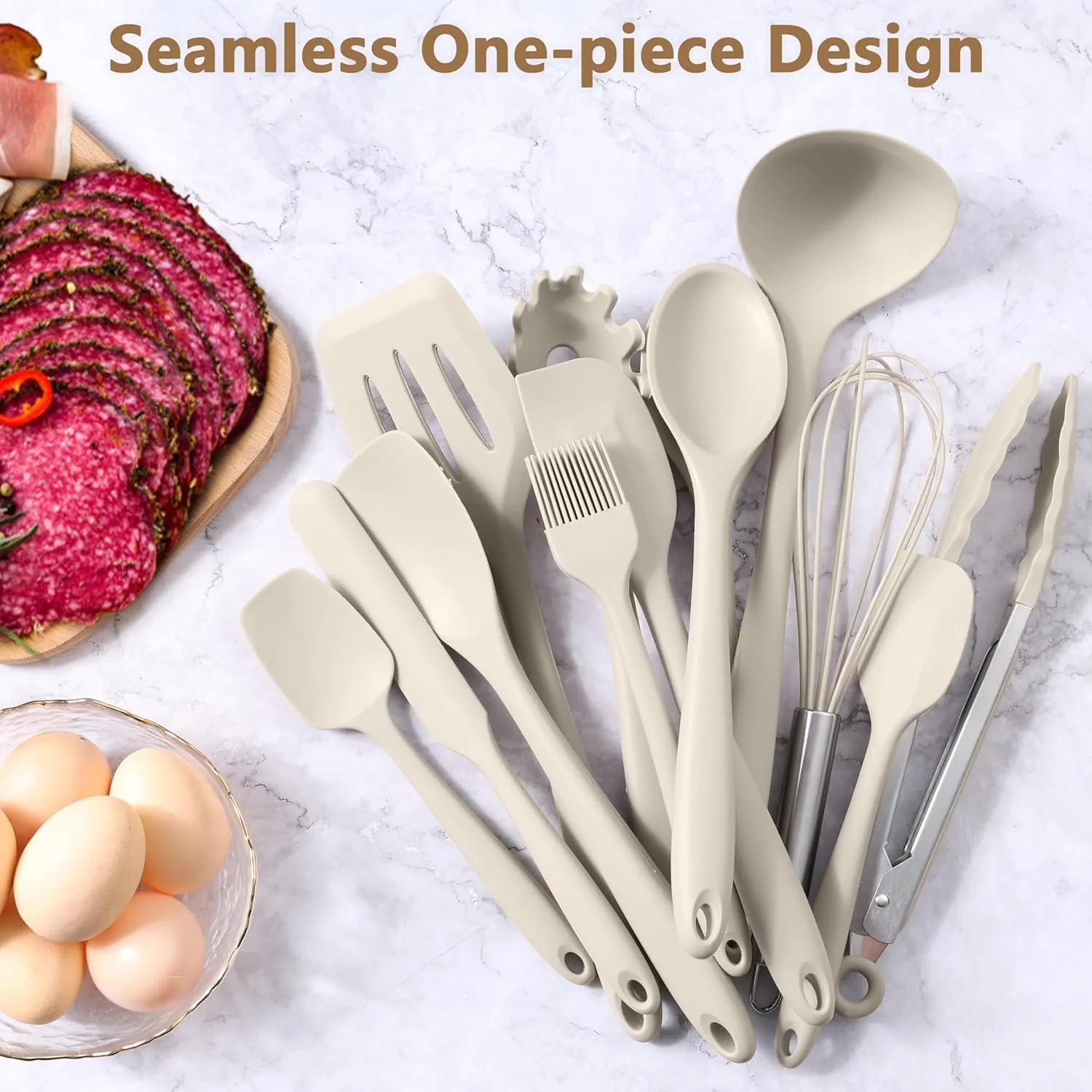 LIANYU 14 Pcs Kitchen Utensils Set with Holder, Silicone Cooking Utensils Spatula Set, Heat Resistant Cookware Tools Includes Spoon Turner Whisk Tong, Dishwasher safe, Khaki