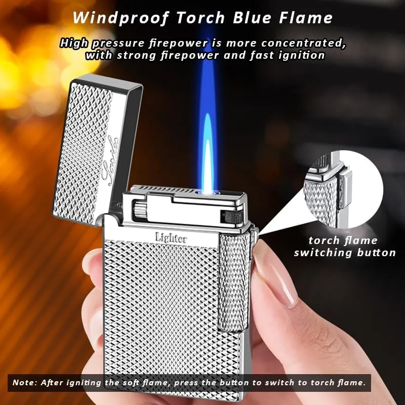 Lighters Soft Flame Lighter Retro Grinding Wheel Traditional Butane Torch Lighter with Adjustable Flame Dial Vertical Ignition Roller Classic Metal Relief Lighter (Gold Wire Drawing)