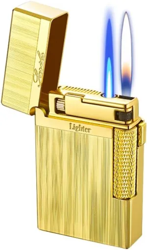 Lighters Soft Flame Lighter Retro Grinding Wheel Traditional Butane Torch Lighter with Adjustable Flame Dial Vertical Ignition Roller Classic Metal Relief Lighter (Gold Wire Drawing)