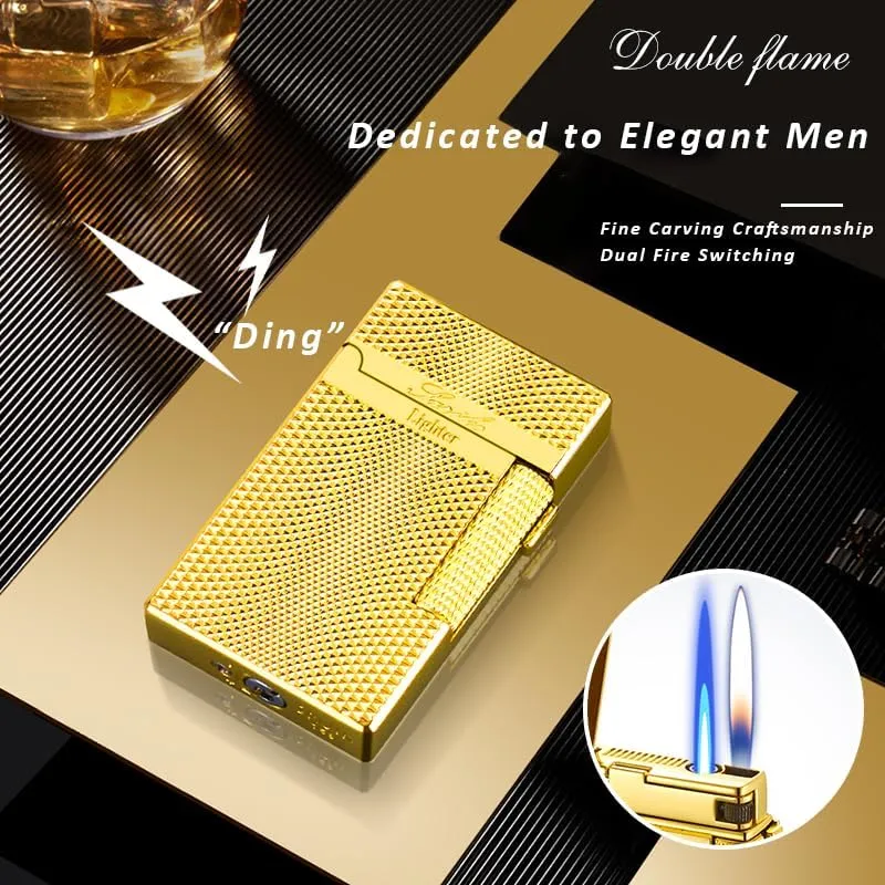 Lighters Soft Flame Lighter Retro Grinding Wheel Traditional Butane Torch Lighter with Adjustable Flame Dial Vertical Ignition Roller Classic Metal Relief Lighter (Gold Wire Drawing)