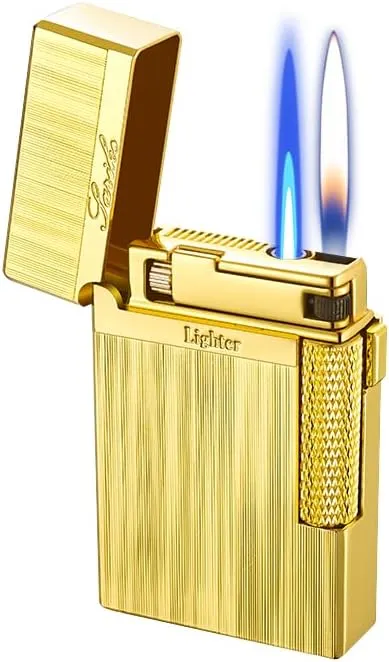 Lighters Soft Flame Lighter Retro Grinding Wheel Traditional Butane Torch Lighter with Adjustable Flame Dial Vertical Ignition Roller Classic Metal Relief Lighter (Gold Wire Drawing)