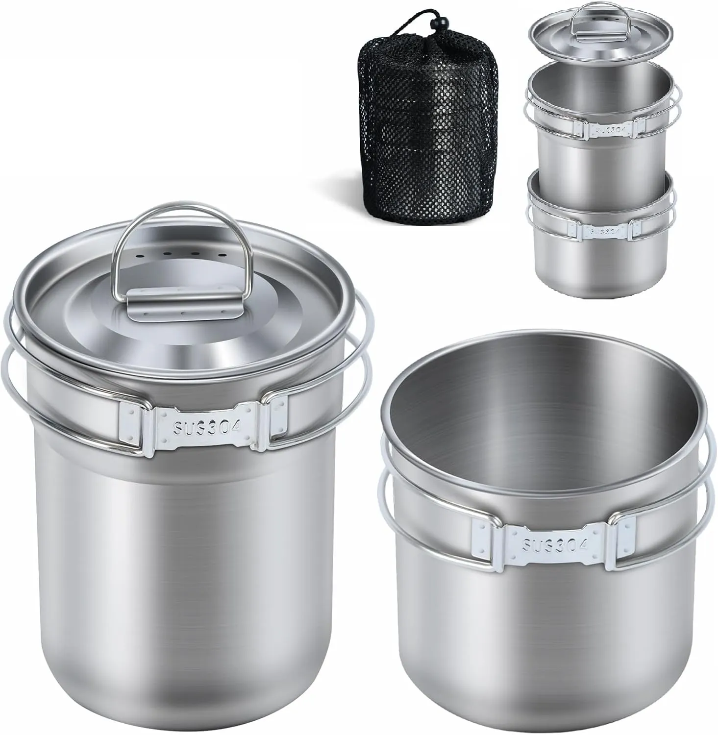 Lixada Foldable Camping Cups and Mugs Pot, 304 Food Grade Stainless Steel Outdoor Cookware Set with Vented Lid, Lightweight Nesting Cups for Camping Hiking Backpacking Picnic (33oz Big 24oz Small)