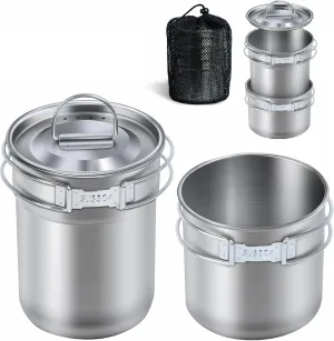 Lixada Foldable Camping Cups and Mugs Pot, 304 Food Grade Stainless Steel Outdoor Cookware Set with Vented Lid, Lightweight Nesting Cups for Camping Hiking Backpacking Picnic (33oz Big 24oz Small)