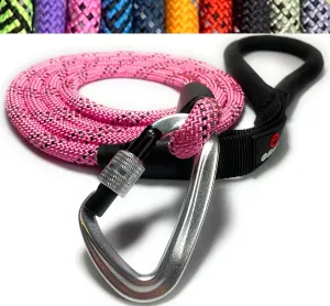 Locking Carabiner Dog Leash – Heavy Duty Rope Leash for Large & Medium Dogs | Reflective with Strong Clip & Padded Handle for Walking, Hiking, Running, Training - 6 Ft (Pink)