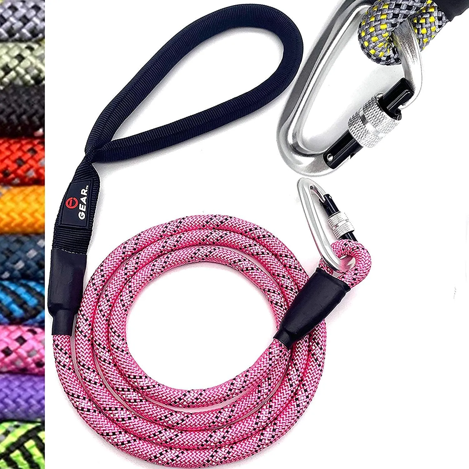 Locking Carabiner Dog Leash – Heavy Duty Rope Leash for Large & Medium Dogs | Reflective with Strong Clip & Padded Handle for Walking, Hiking, Running, Training - 6 Ft (Pink)