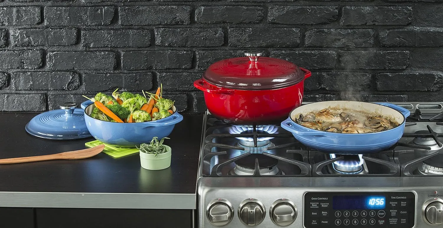 Lodge 3.6 Quart Enameled Cast Iron Oval Casserole With Lid– Dual Handles – Oven Safe up to 500° F or on Stovetop - Use to Marinate, Cook, Bake, Refrigerate and Serve – Island Spice Red
