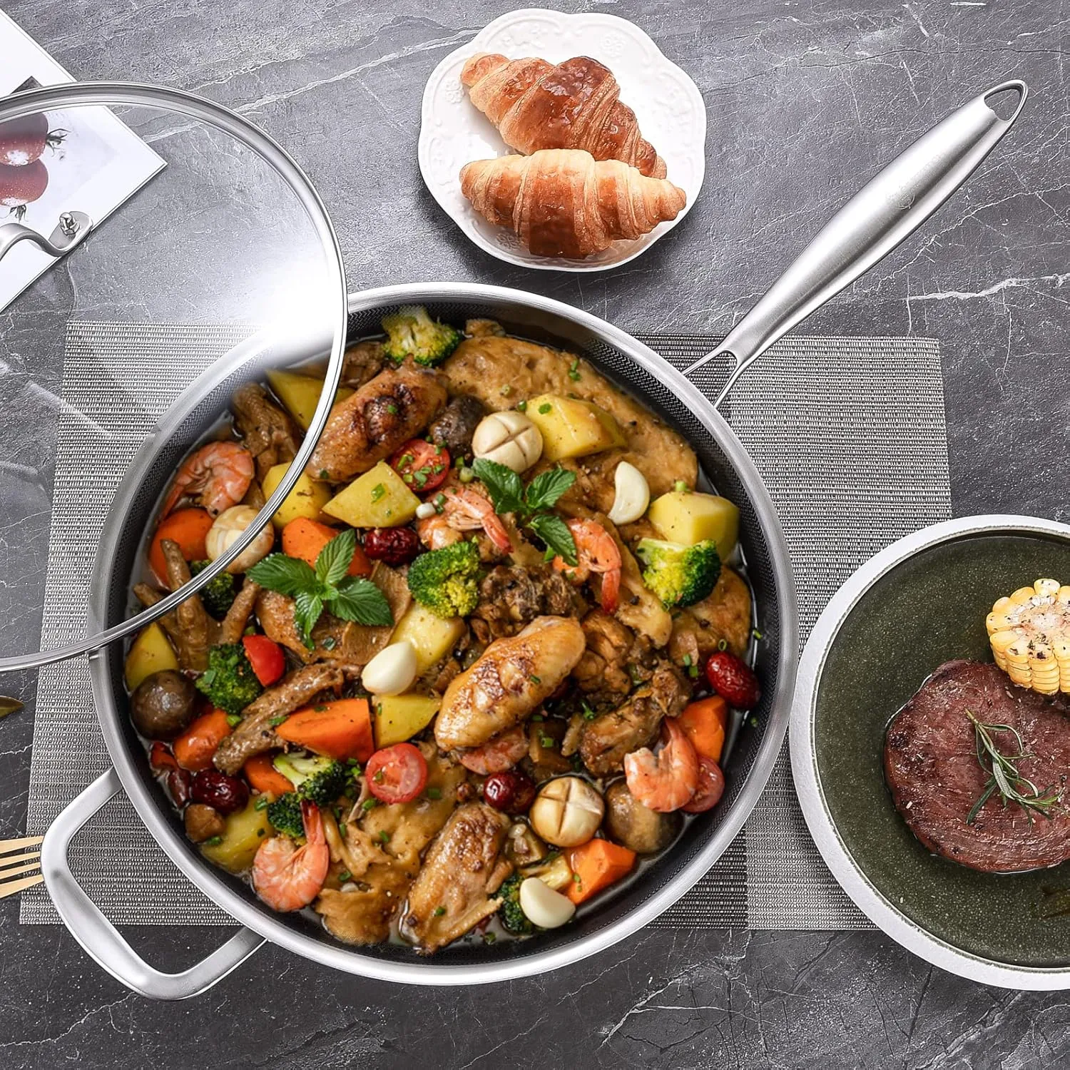 LOLYKITCH 6 QT Hybrid Tri-Ply Stainless Steel Non-Stick Sauté Pan with Lid,12 Inch Deep Frying Pan,Large Skillet,Jumbo Cooker,Induction Pan, Oven Safe and Detachable Handle.