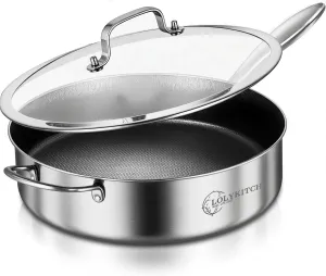 LOLYKITCH 6 QT Hybrid Tri-Ply Stainless Steel Non-Stick Sauté Pan with Lid,12 Inch Deep Frying Pan,Large Skillet,Jumbo Cooker,Induction Pan, Oven Safe and Detachable Handle.