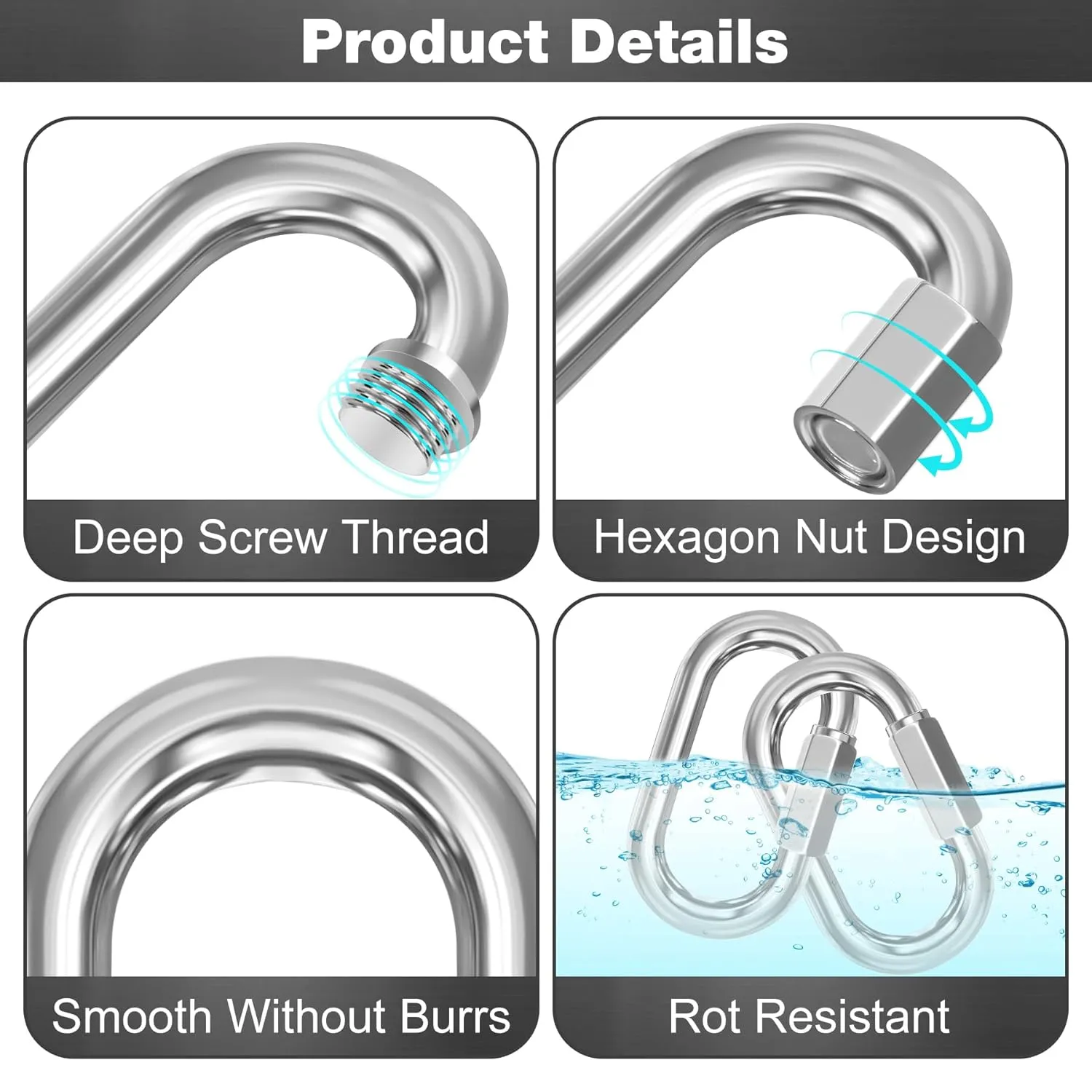 M10-15 Pack 3.5“ Quick Links Chain Connectors, 3/8″ Galvanized Chain Locking Carabiners Hooks, 2000LBS Heavy Duty Thread Quick Link Clips, Twist Oval Keychain D Shape for Swing, Camping