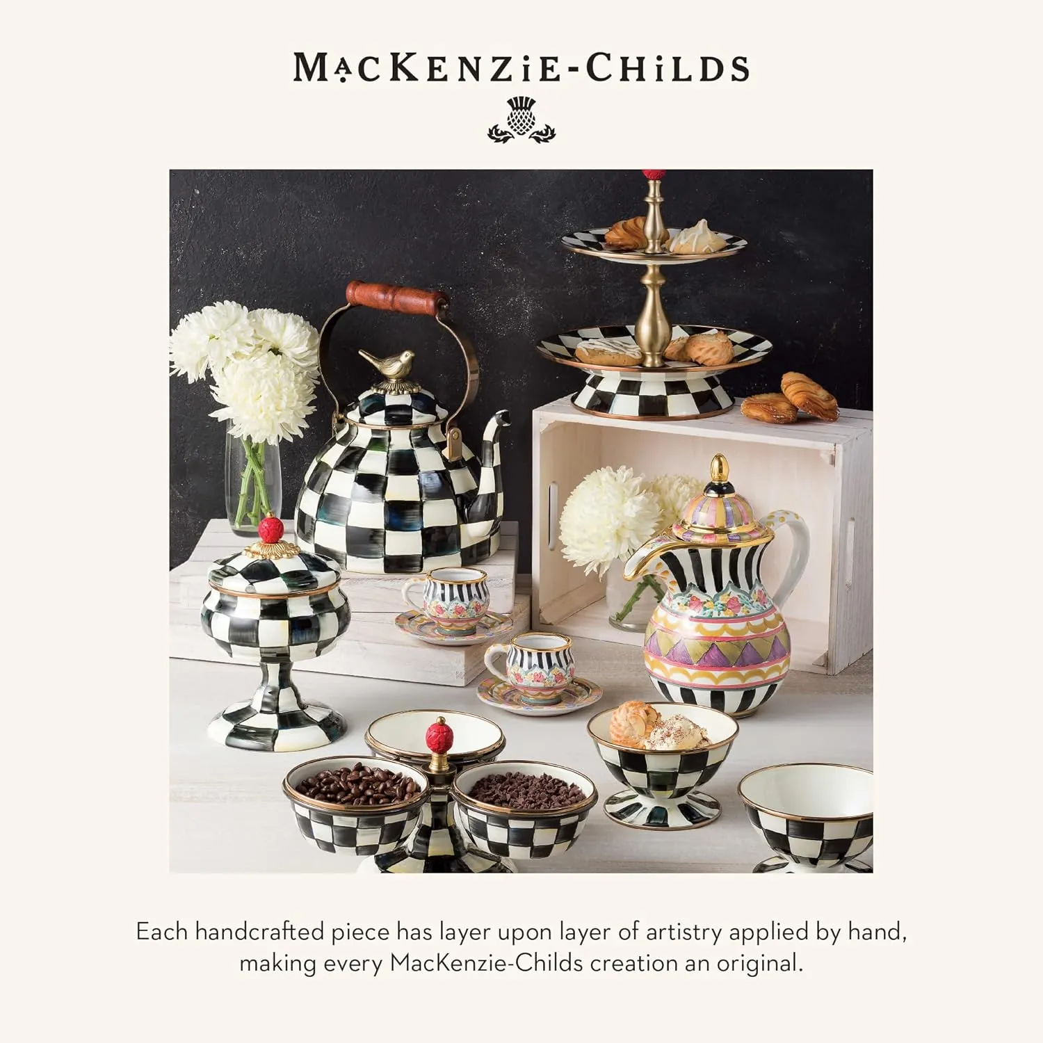 MACKENZIE-CHILDS Enamel Colander, Decorative Kitchen Strainer, Large, Black-and-White Courtly Check