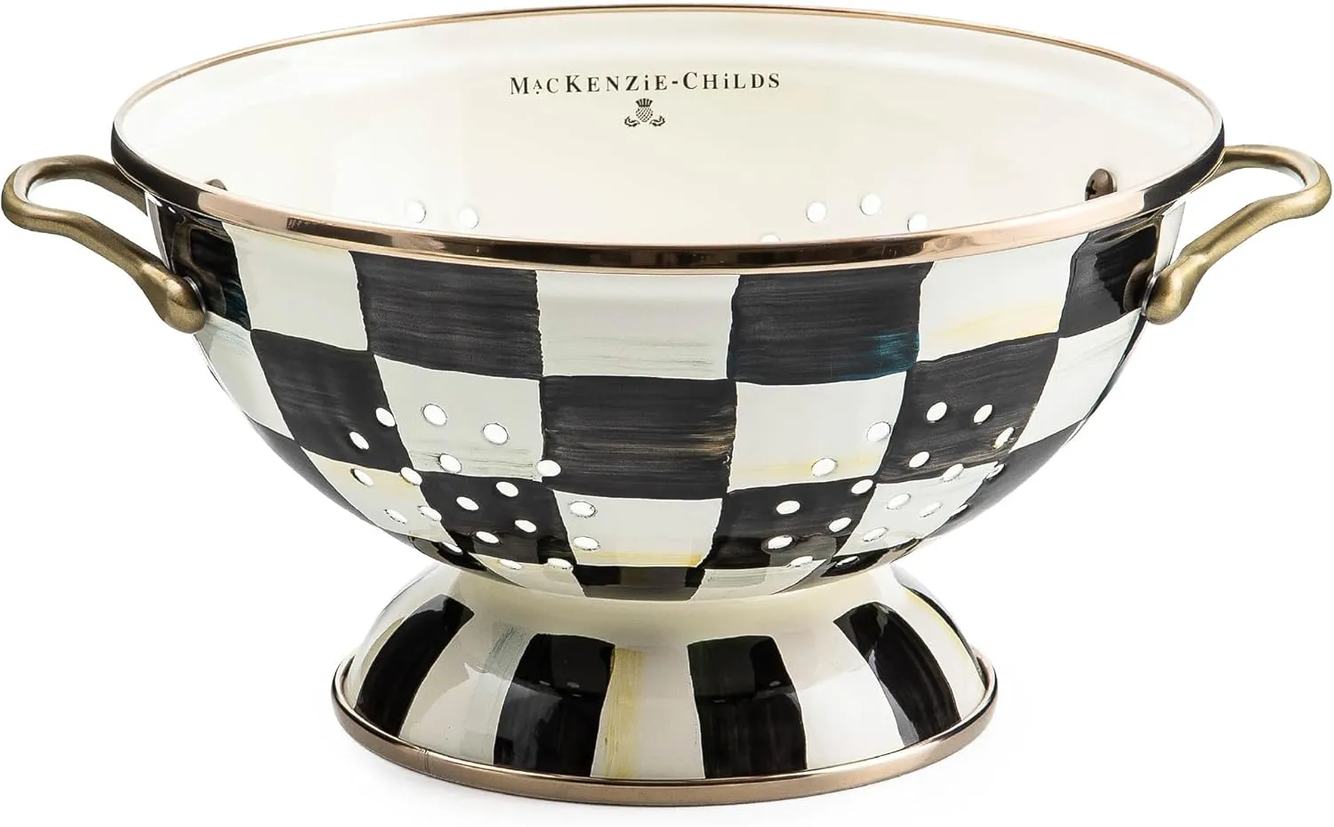 MACKENZIE-CHILDS Enamel Colander, Decorative Kitchen Strainer, Large, Black-and-White Courtly Check