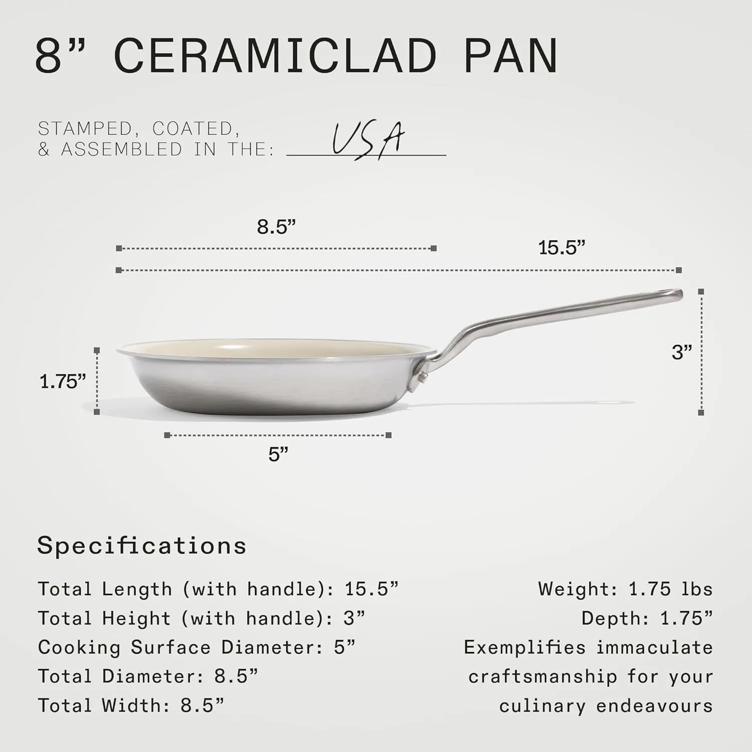 Made In Cookware - 8" CeramiClad Non Stick Frying Pan (Stainless Handle) - 5-Ply Stainless Clad with Stay-Cool Handle - Professional Cookware - Induction Compatible