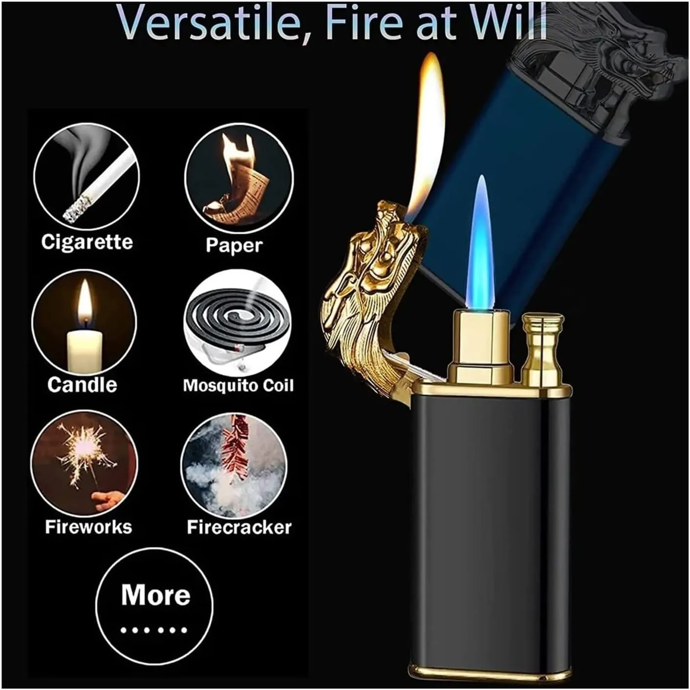 Made Metal, Portable Multi-Functional Lighter with Adjustable Flame, Outdoor Windproof Butane Lighter, Suitable for Candles, Camping, etc.(Black)