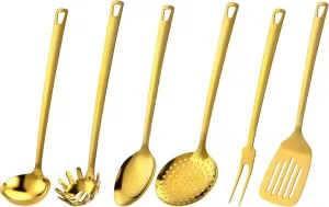 Marco Almond® Utensil Set, Golden Titanium Utensils Sets, Stainless Steel Kitchen Cooking Spoons, Ladle Skimmer & Spatula Utensil Sets,6PCS Frying & Grilling Cookware Tools