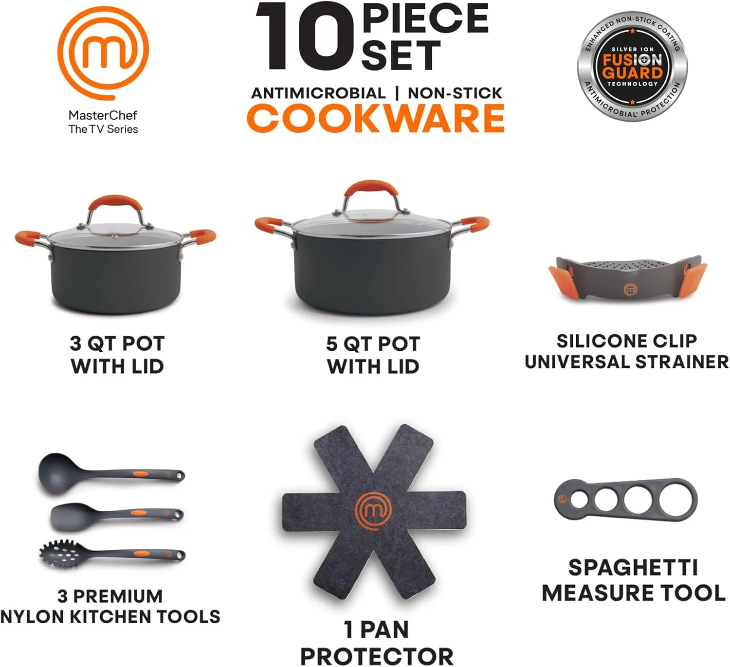 MasterChef 10-Piece Cookware Set, Gray, Antimicrobial Technology, Ceramic, Titanium Non-stick Coating, PTFE/PFOA/PFOS-Free, Induction Safe