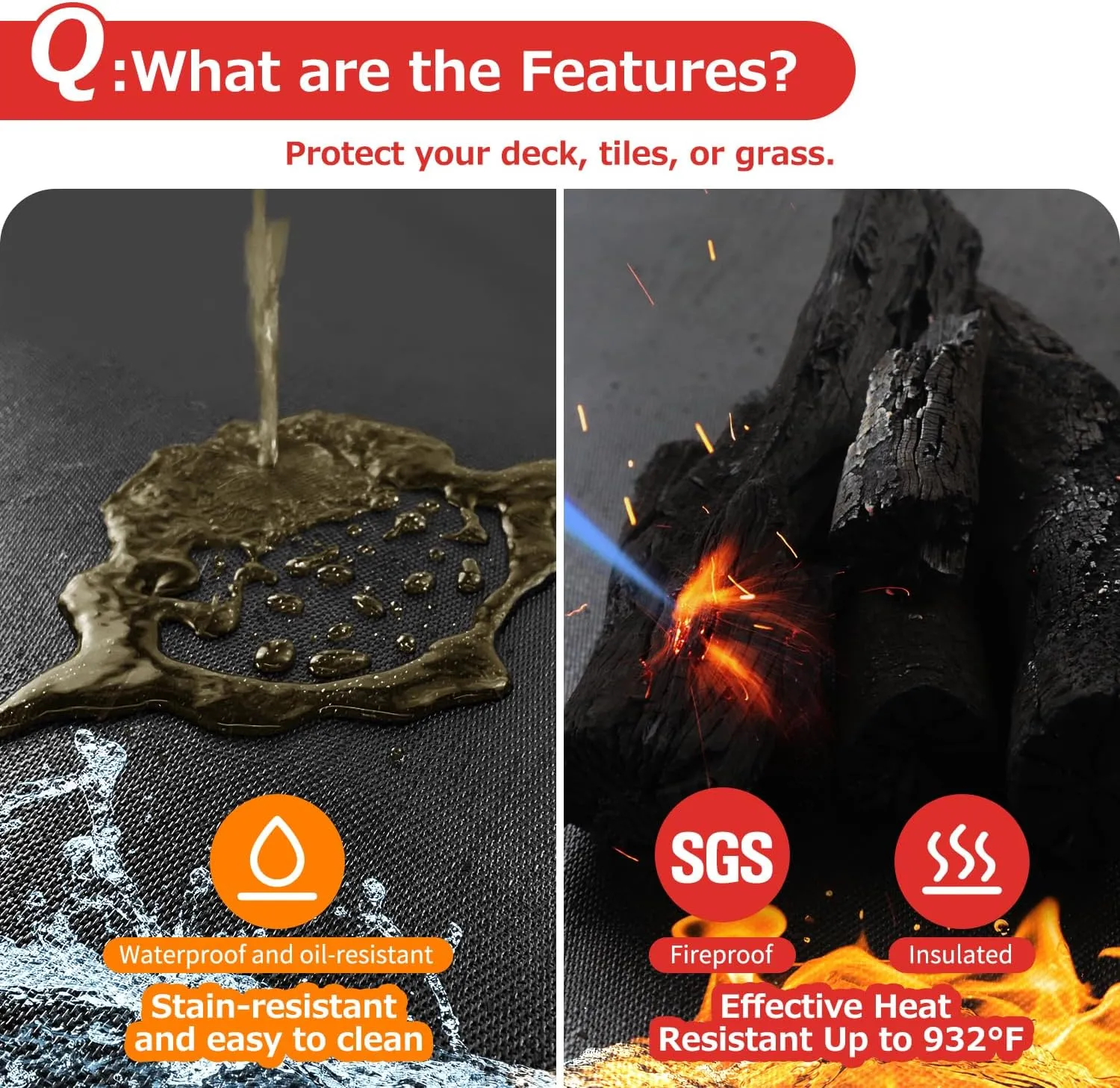 Matace 76x52 Fireproof Grease Mats for Under Outdoor Grill, Extra Large Double-Sided Fire Retardant Silicone Floor Mat for BBQ, Camping Stove, Fire Pit, Waterproof Patio & Deck Protector, Black