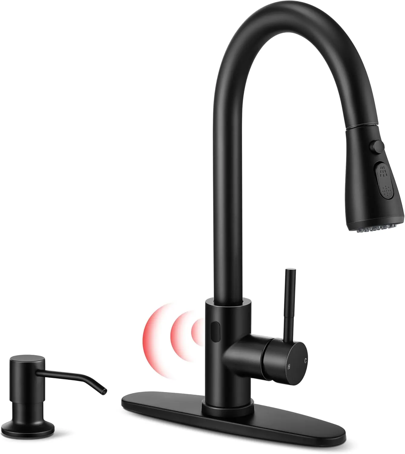 Matte Black Touchless Kitchen Faucet with Soap Dispenser &Deck Plate, Homikit Single Handle Stainless Steel Activated Smart Hands Free Faucets with Pull Down Sprayer for Farmhouse RV Kitchen Sink