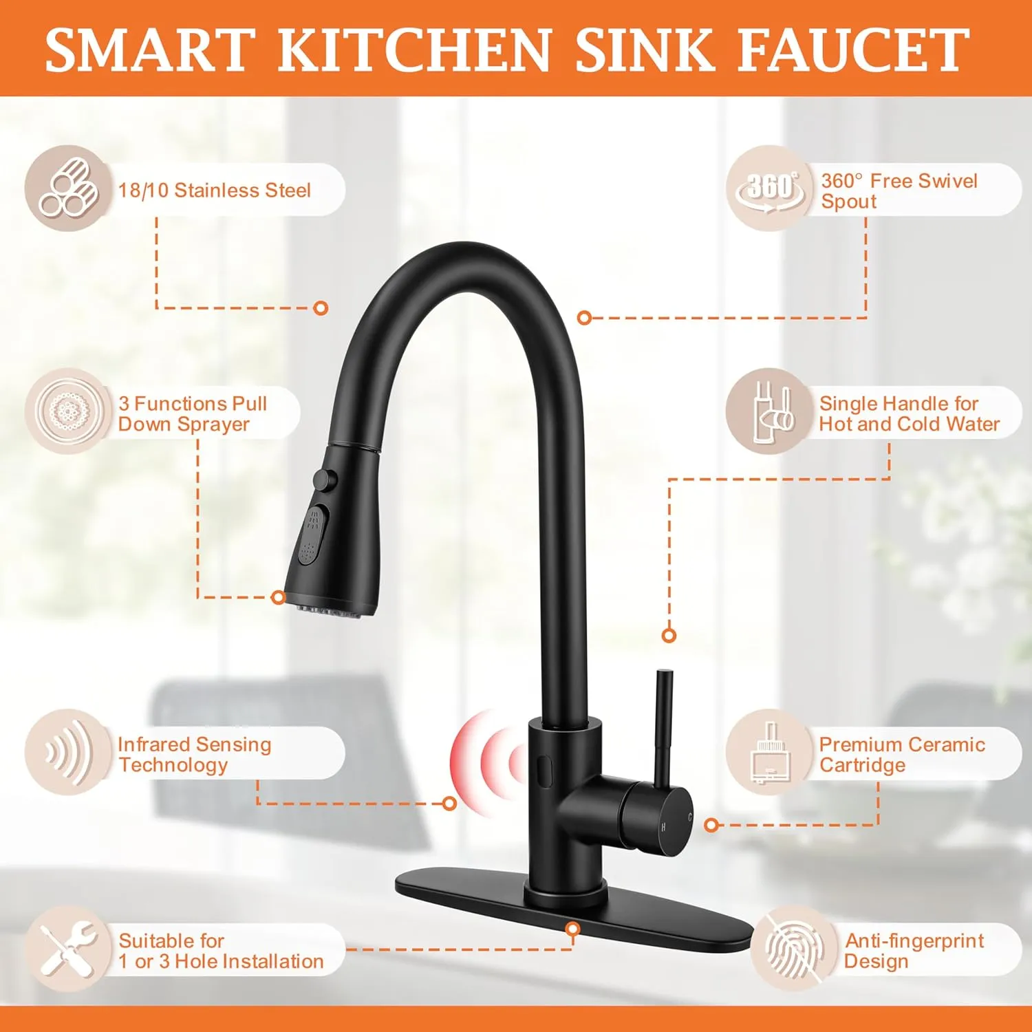 Matte Black Touchless Kitchen Faucet with Soap Dispenser &Deck Plate, Homikit Single Handle Stainless Steel Activated Smart Hands Free Faucets with Pull Down Sprayer for Farmhouse RV Kitchen Sink