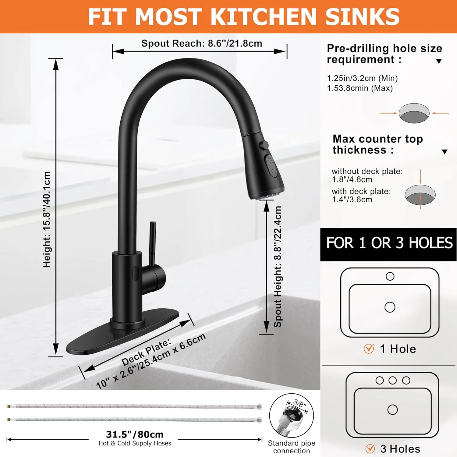 Matte Black Touchless Kitchen Faucet with Soap Dispenser &Deck Plate, Homikit Single Handle Stainless Steel Activated Smart Hands Free Faucets with Pull Down Sprayer for Farmhouse RV Kitchen Sink