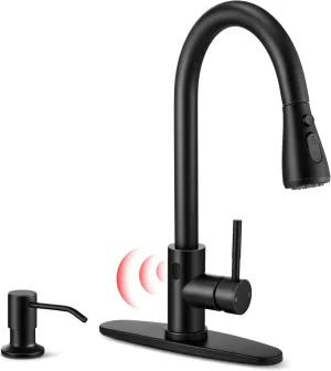 Matte Black Touchless Kitchen Faucet with Soap Dispenser &Deck Plate, Homikit Single Handle Stainless Steel Activated Smart Hands Free Faucets with Pull Down Sprayer for Farmhouse RV Kitchen Sink
