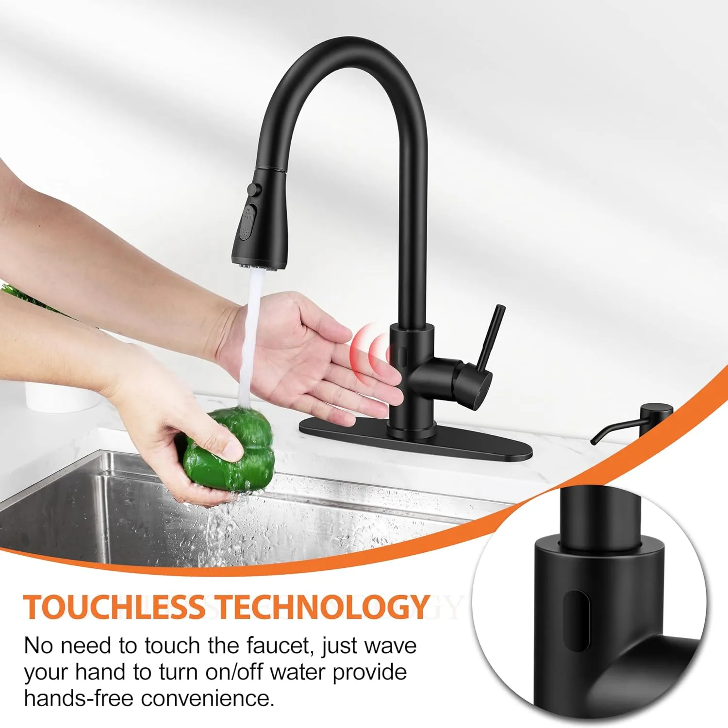 Matte Black Touchless Kitchen Faucet with Soap Dispenser &Deck Plate, Homikit Single Handle Stainless Steel Activated Smart Hands Free Faucets with Pull Down Sprayer for Farmhouse RV Kitchen Sink