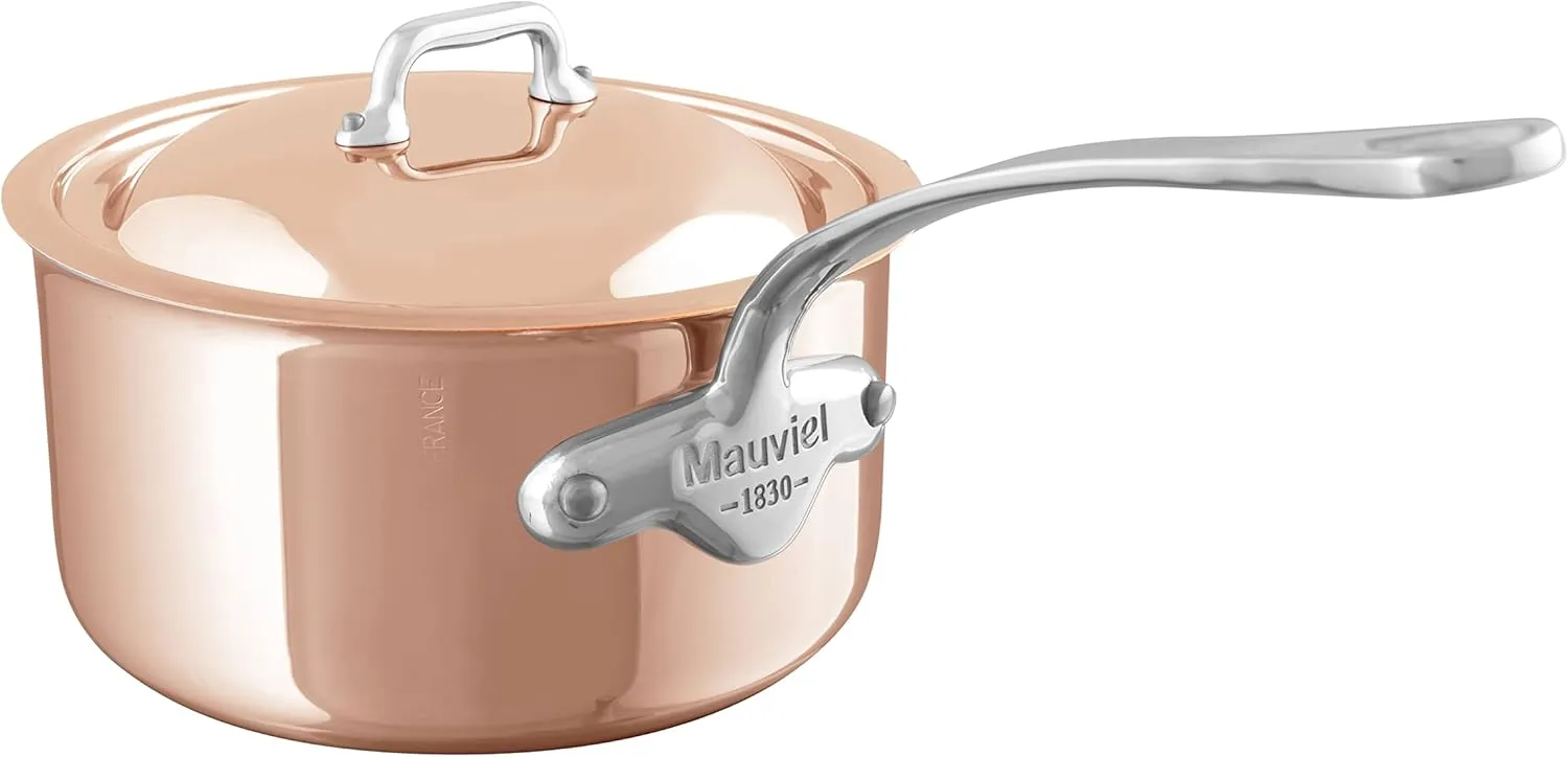 Mauviel M’6S 6-Ply Polished Copper & Stainless Steel Sauce Pan With Lid, And Cast Stainless Steel Handle, Suitable For All Types Of Stoves, 1.2-qt, Made In France
