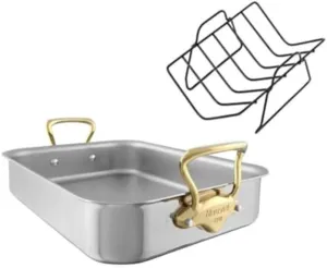 Mauviel M'Cook B 5-Ply Polished Stainless Steel Roasting Pan With Rack And Brass Handles, 13.7 x 9.8-in, Made In France