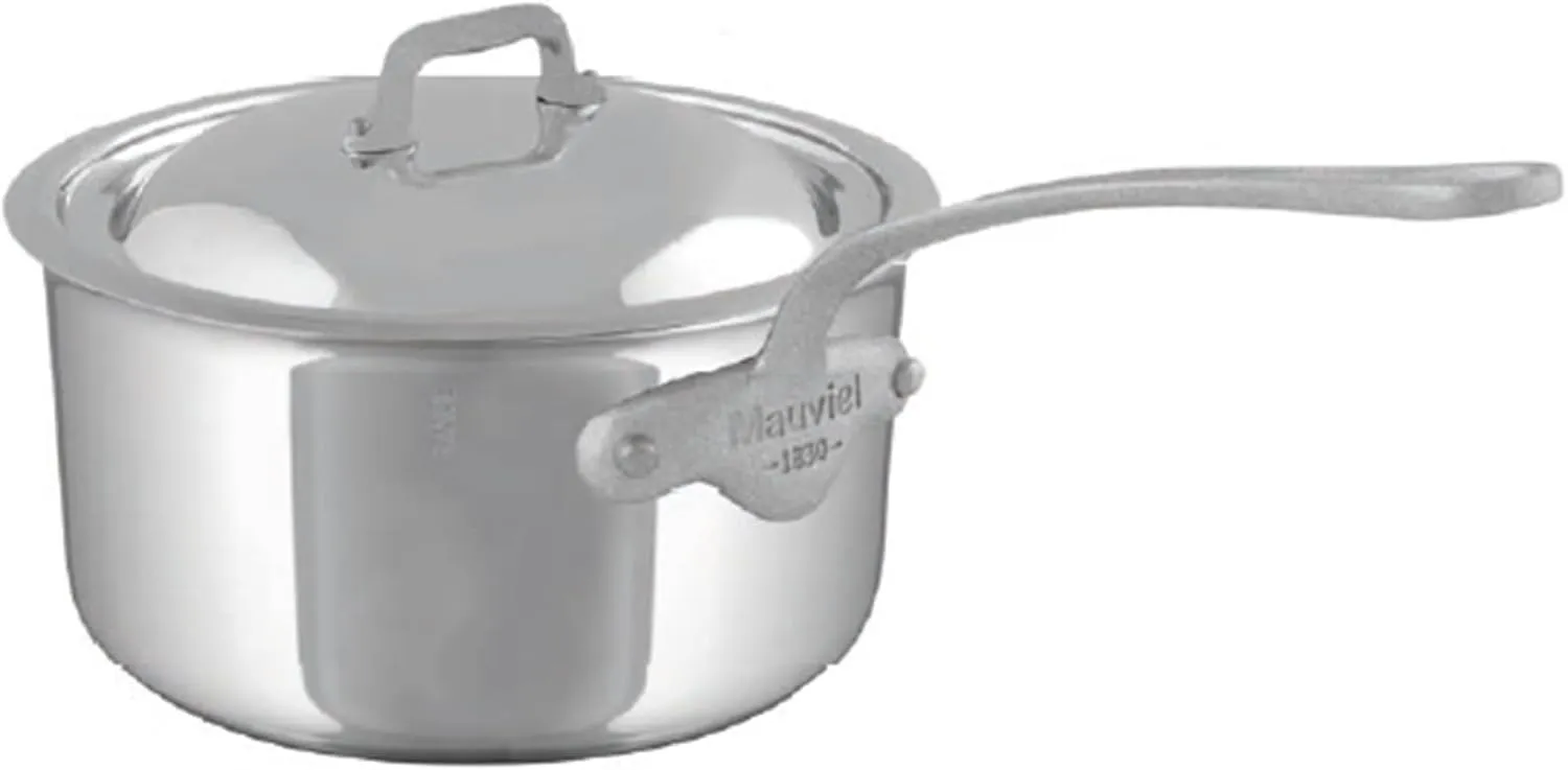 Mauviel M'Cook SB 5-Ply Polished Stainless Steel Sauce Pan With Lid, And Brushed Cast Stainless Steel Handle, 3.3-qt, Made In France