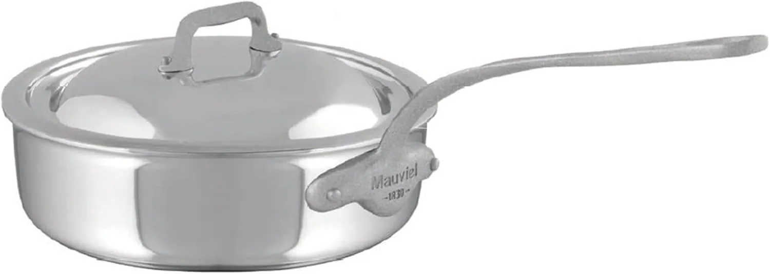 Mauviel M'Cook SB 5-Ply Stainless Steel Saute Pan With Lid, And Brushed Cast Stainless Steel Handle, 3.4-qt, Made In France