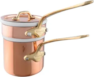 Mauviel M'Heritage 150 B 1.5mm Polished Copper & Tin Inside Bain Marie Double Boiler With Porcelain, Lid & Brass Handles, 0.9-Qt, Made In France