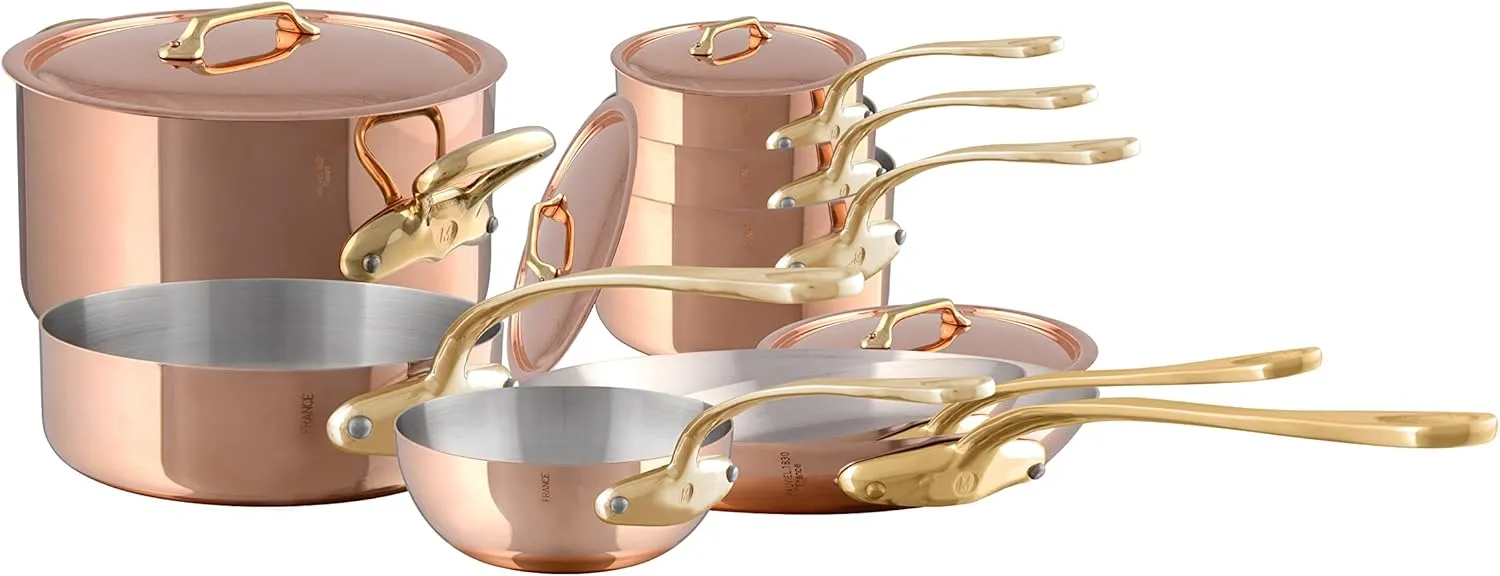 Mauviel M'Heritage 200 B 2mm Polished Copper & Stainless Steel 12-Piece Cookware Set With Brass Handles, Made In France