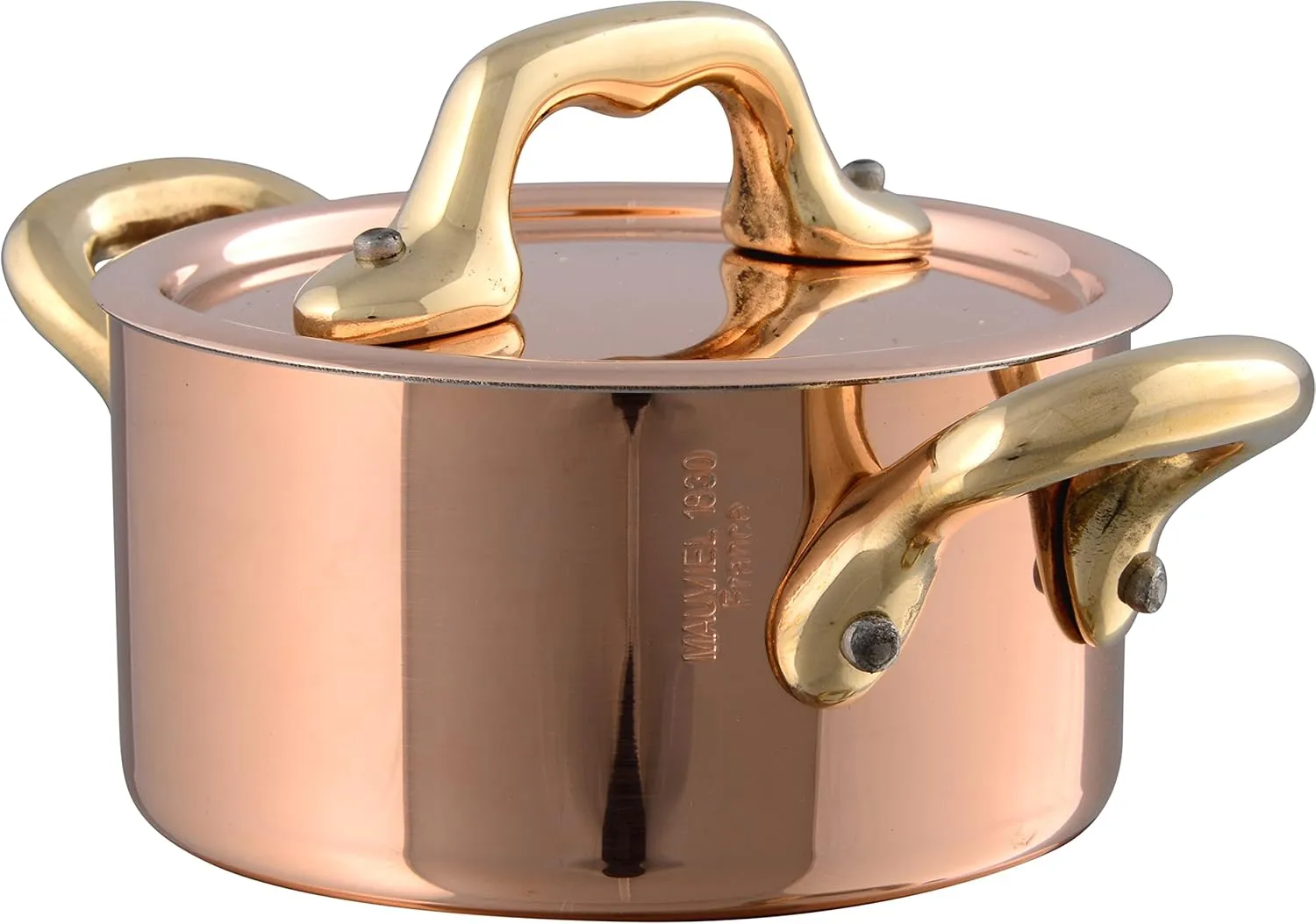 Mauviel M'Minis Polished Copper & Stainless Steel Stew Pan With Lid, And Brass Handle, 0.34-Quart, Made in France