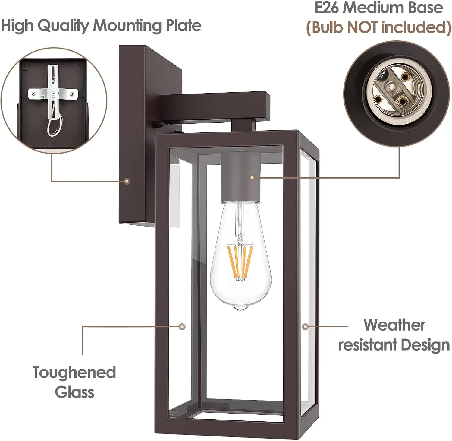 MAXvolador Outdoor Wall Sconce, Exterior Waterproof Wall Lantern Light Fixture, Dark Chocolate Porch Light Glass, Anti-Rust E26 Patio Lighting, 2 Pack