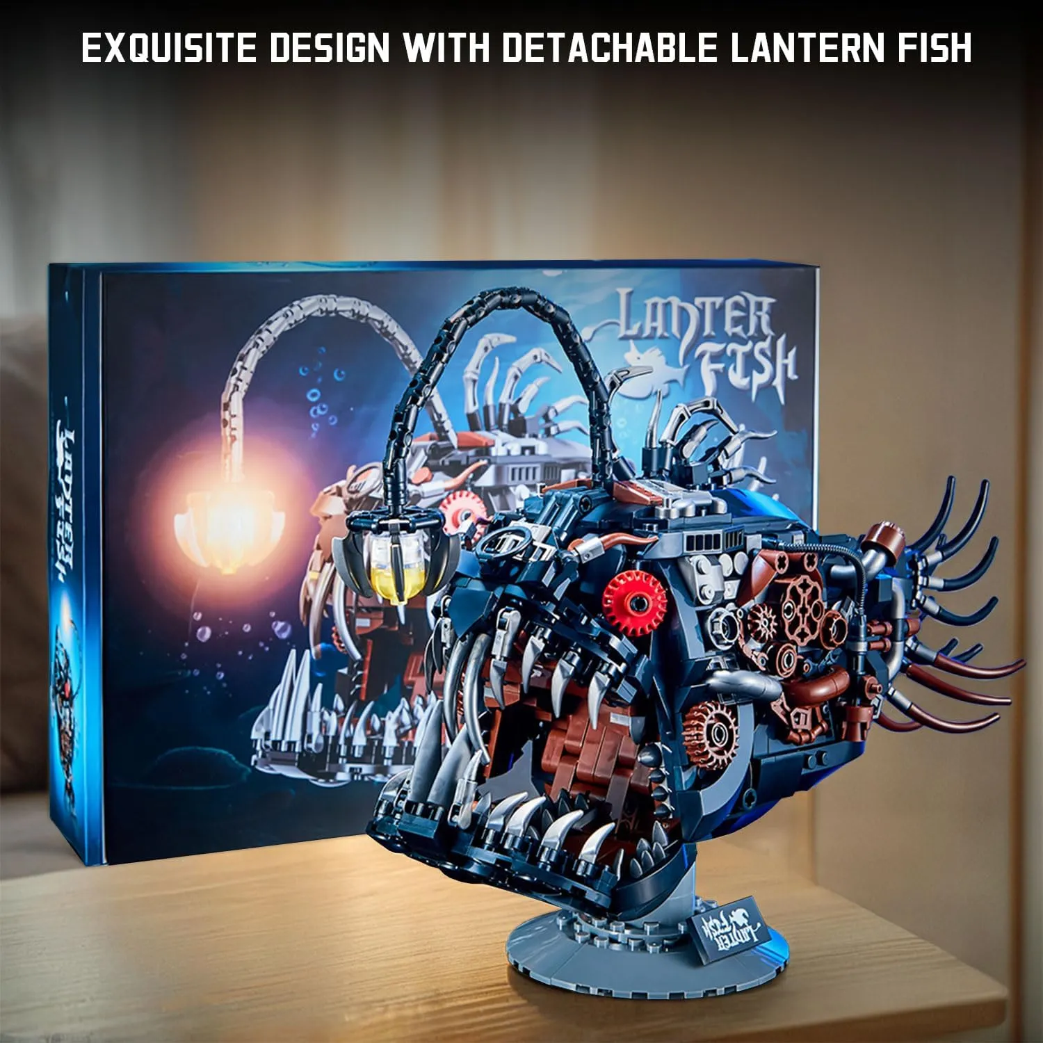 Mechanical Lantern Fish Model Kit with LED Light, DIY Building Toy Construction Set, Educational STEM Mythical Creatures Building Blocks for Kids Adults Age 8 , 1038 PCS