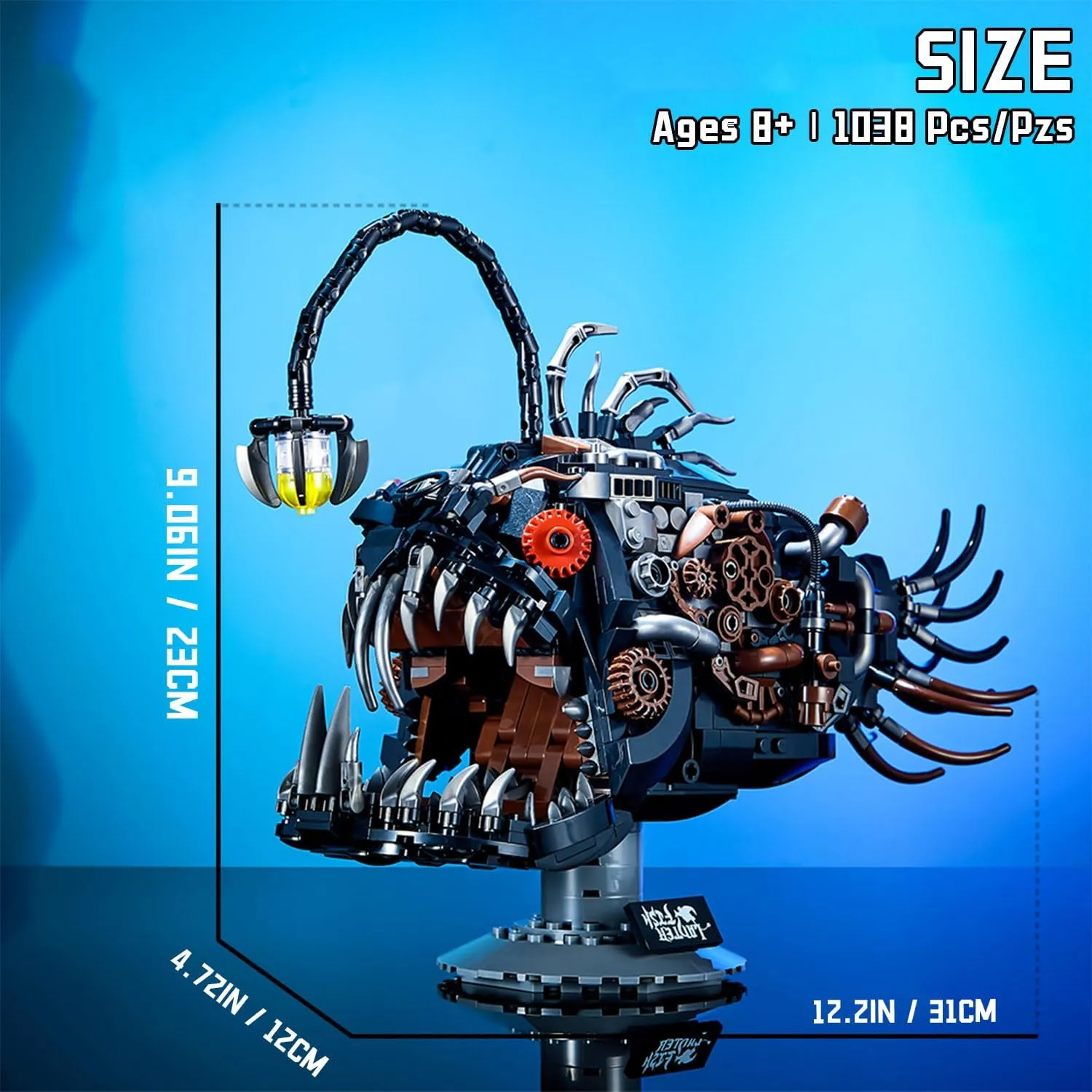 Mechanical Lantern Fish Model Kit with LED Light, DIY Building Toy Construction Set, Educational STEM Mythical Creatures Building Blocks for Kids Adults Age 8 , 1038 PCS