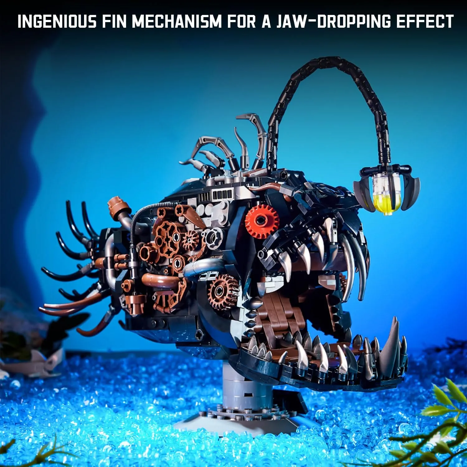 Mechanical Lantern Fish Model Kit with LED Light, DIY Building Toy Construction Set, Educational STEM Mythical Creatures Building Blocks for Kids Adults Age 8 , 1038 PCS