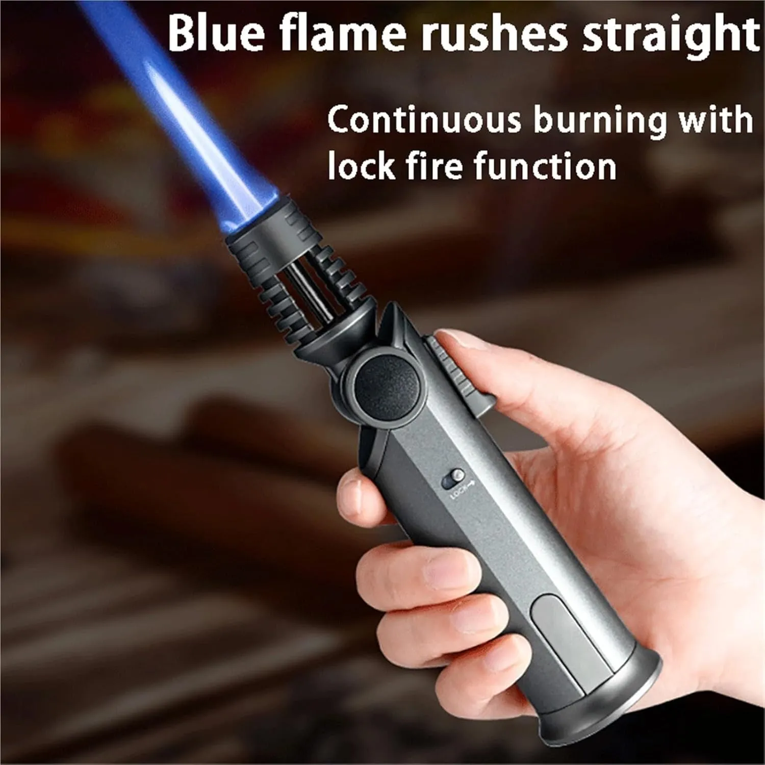 Metal Butane Windproof Lighter with Safety Lock, Straight Flame Multi-Function Portable Lighters for Candle Camping Men Gift (Butane Not Included)(Black)