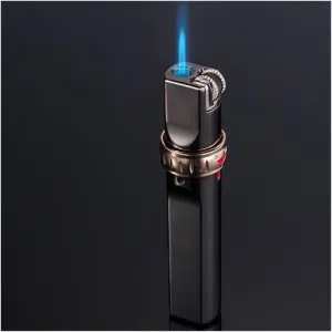 Metal Lighter Jet Flame Butane Grinding Wheel Windproof Inflatable Portable with Gift Box for Outdoor Use(#b098d5)