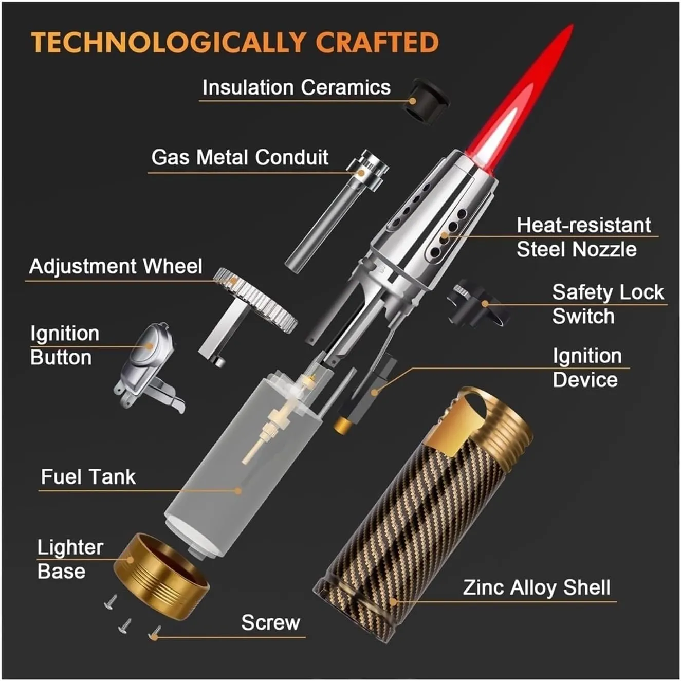 Metal Portable Lighter, Windproof Jet Lighter, refillable Butane Lighter, Adjustable Flame Lighter, Multifunctional Lighter with Safety Lock, Suitable for Candle Camping (Butane not Included)(Black)
