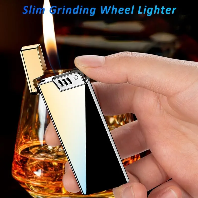 Metal Soft Flame Cigar Lighters Grinding Wheel Traditional Lighter Slim Adjustable Butane Lighter for Kitchen Grill BBQ Candle Camping (Silver)