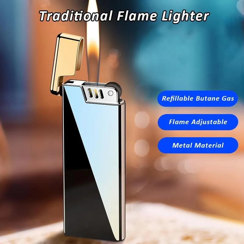 Metal Soft Flame Cigar Lighters Grinding Wheel Traditional Lighter Slim Adjustable Butane Lighter for Kitchen Grill BBQ Candle Camping (Silver)